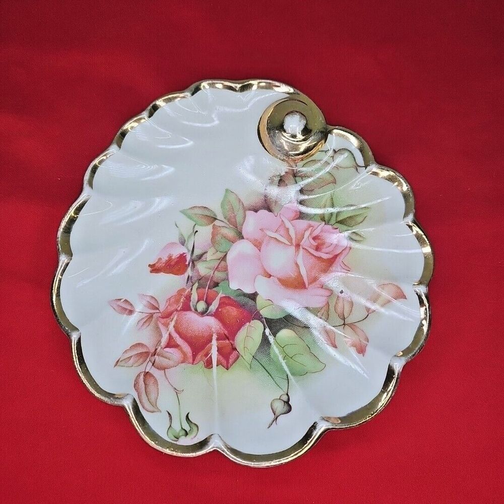 Roses Trinket Candy Dish Gold Rim Scalloped Plate Tolpin Art Studios VTG Floral